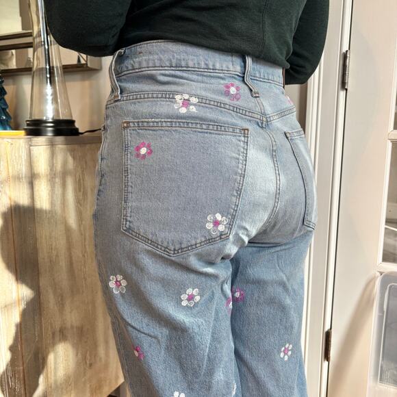 Madewell Women's Hand Painted Floral Denim Pants Slim Wide Leg Full Length Sz 31 - Picture 1 of 13